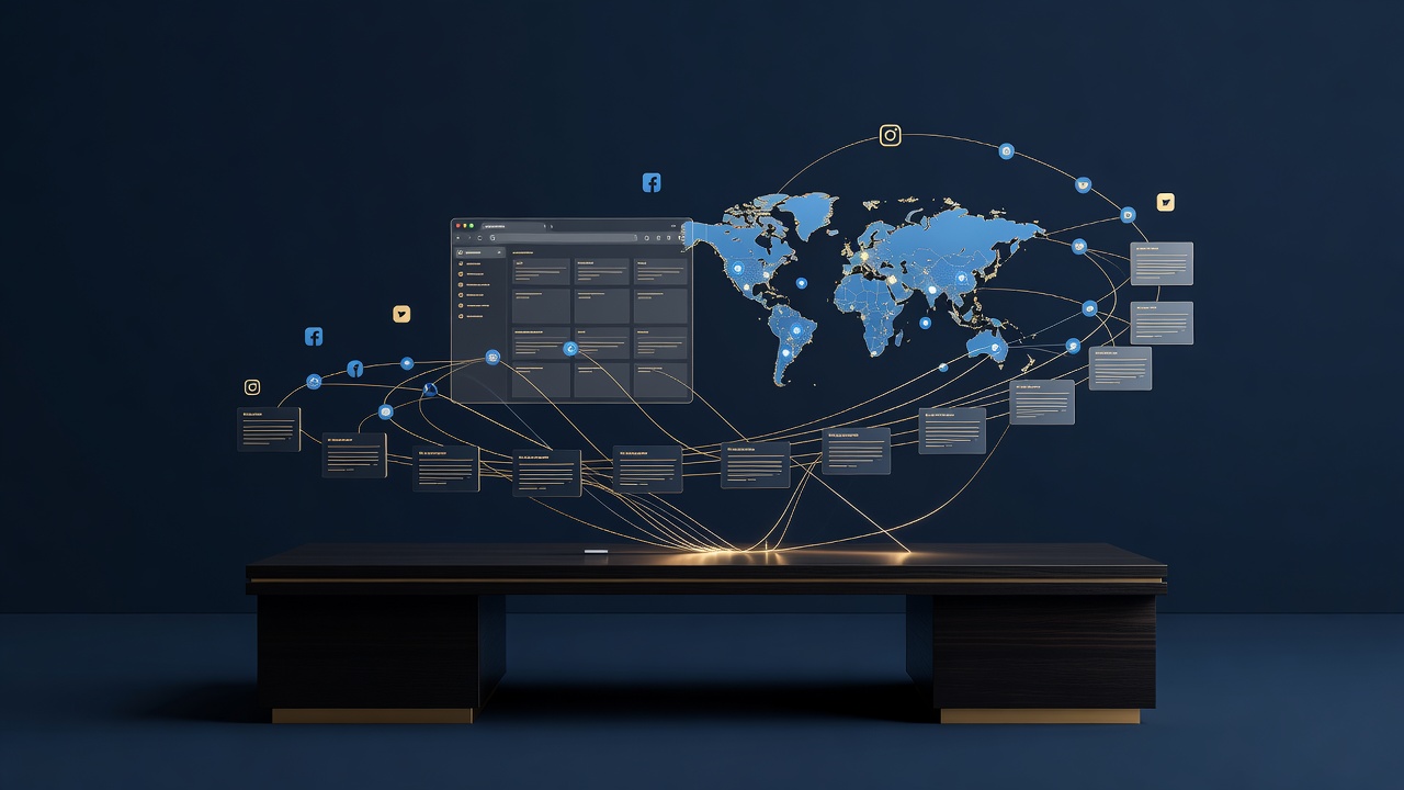 Ilustración de presencia digital conectada con web, posicionamiento, contenido y redes