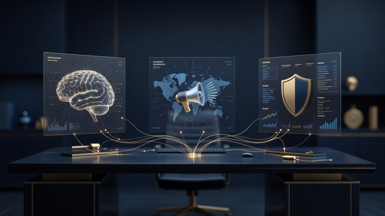 Ilustración de la operación de una empresa unificada con inteligencia artificial, contenido y seguridad en un solo sistema